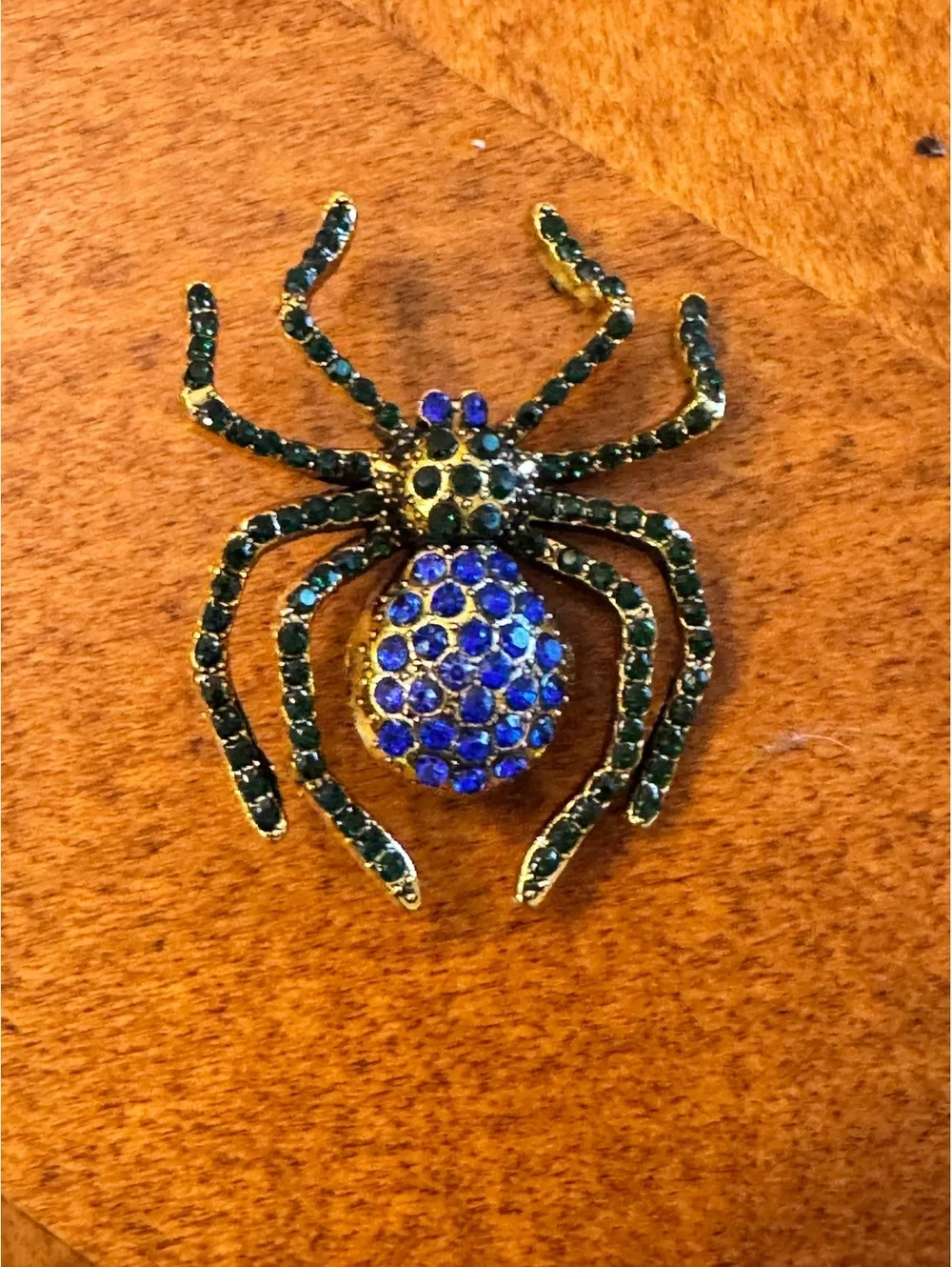 Vintage Spider Brooch with Blue and Black Rhinestones 376